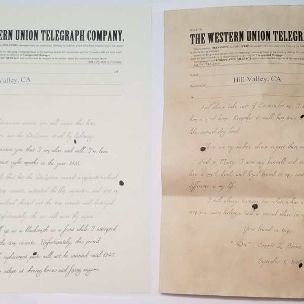 The results of my dye job next to the original untreated paper for my recreation of Doc's 1885 letter to Marty.